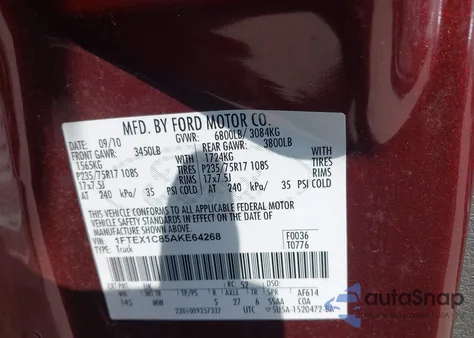 2010 Ford F-150 Fx2 Sport/Stx/Xl/Xlt from USA, damaged, VIN 1FTEX1C85AKE64268
